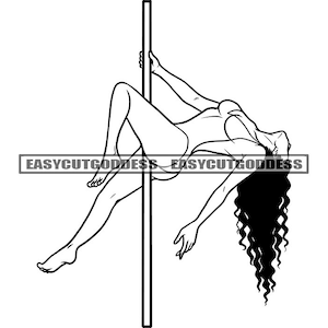 Puede incluir: Un dibujo en blanco y negro de una mujer con un body realizando una danza de pole dance. Ella está agarrada al poste con una mano y su cuerpo está contorsionado en una pose elegante. Su cabello es largo y fluido.