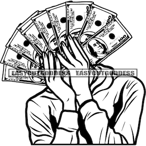 ハスラーの男が大金を自慢して広げ、銀行でグラインドし、ストリート ライフをこなすドープ ボーイ、ヒップホップ ラップ、SVG、PNG、JPG ベクター デザイン、カット ファイル