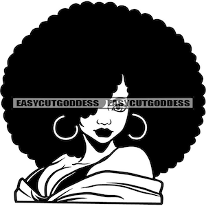Afro-Amerikaanse zwarte vrouw grote Afro kinky haar gesloten make-up melanine nubische hoepel oorbellen SVG PNG JPG vector ontwerpen snijden bestanden