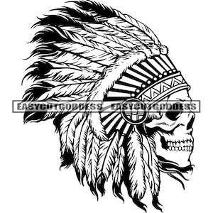 May include: Black and white illustration of a skull wearing a traditional Native American headdress with feathers. The skull is facing to the right and has a detailed design.