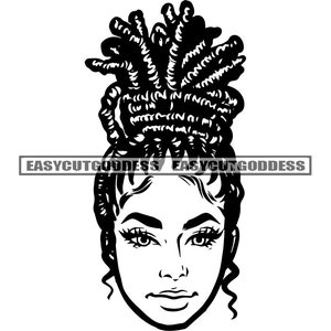 Mooie Melanine Vrouw Gezicht Portret Gesloten Afro-Amerikaanse Dame High Bun Locs Hair Beauty SVG PNG JPG Vector Designs Snijden Van Bestanden