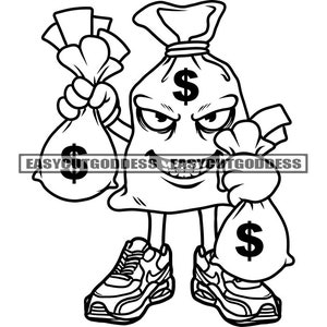 Money Bag Man Character Holding Money Bags Sneakers Cash Dollar Sign Hustler Grind Sarcastic Evil Smile SVG PNG JPG Vector Designs Cut Files