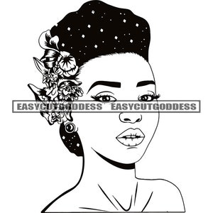Mooie Melanine Vrouw Portret Classy Bruiloft Kapsel Bloemen Nubische Afro-Amerikaanse Make Up Model SVG PNG JPG Vector Designs Cut Files