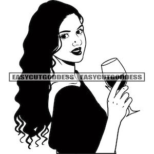 Mujer latina sosteniendo vidrio Vino Alcohol de cabello largo Bebida de uva Champagne Fermentación varietal Espumoso SVG PNG JPG Vector Diseño Archivos de corte