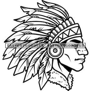 May include: Black and white line art illustration of a Native American man wearing a headdress with feathers. The man is looking to the right and has a serious expression on his face.