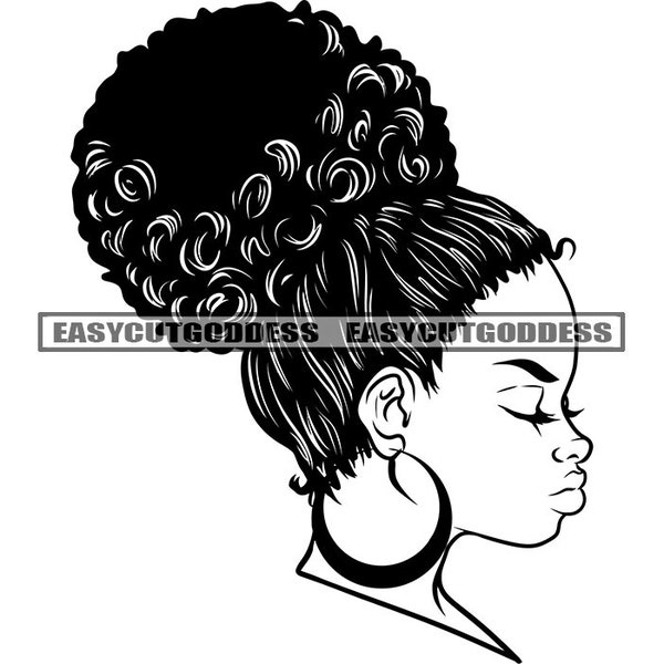 Melanin Black Woman Afro Ponytail Messy Bun Hoop Earrings Female Mean Face Nubian Lady Mixed Ethnicity SVG PNG JPG Vector Designs Cut Files