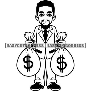 Hustler Black Man Holding Money Bags Kinky Afro Hair Cash Classy Suit Businessman Grinding Hustle SVG PNG JPG Vector Design Cutting Files