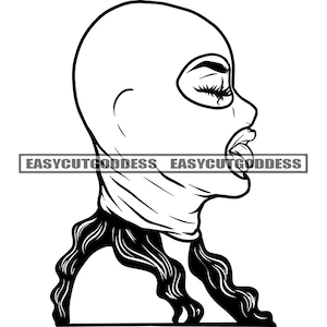 Hustler Gangster Woman Portrait Wearing Ski Mask Crime Tongue Out Burglar Ghetto Boss Lady Dope Girl SVG PNG JPG Vector Designs Cut Files