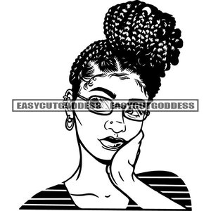 Melanin Woman Braids Bun Hairstyle Fashion Glasses African American Lady Stylish Mix Ethnicity Womanly SVG PNG JPG Vector Designs Cut Files