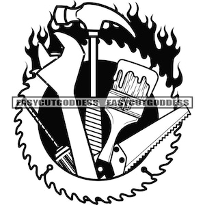 Construcción Motosierra Herramientas Llamas Logotipo de negocio Martillo Carpintero Destornillador Pincel Llave Sierra SVG PNG JPG Diseños vectoriales Archivos de corte