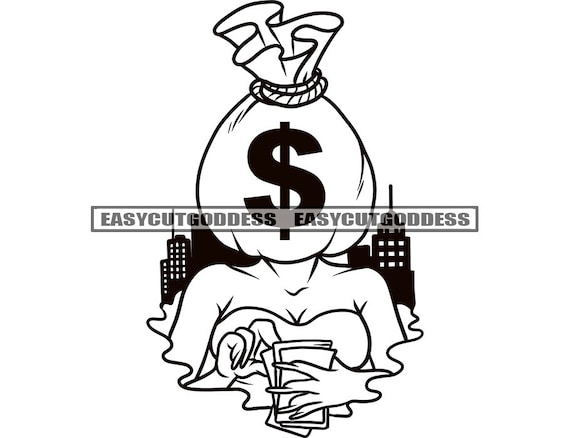 Money Bag Head Woman Character Counting Money Cash Grind Hustler