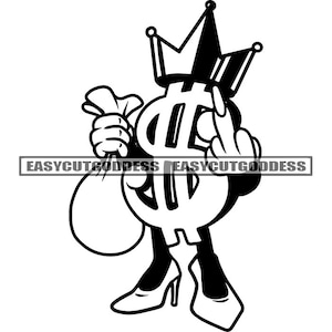 Signo de dinero Mujer Personaje de dibujos animados Sosteniendo bolsa Efectivo Dedo medio Tacones altos Reina de la corona SVG PNG JPG Diseños vectoriales Sublimación Archivos de corte