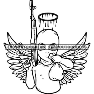 Baby Boy Gangster Angel che trasporta pistola Riffle Arma Ski Mask Money Bag Wings Fairy Statue Street Man SVG PNG JPG Vector Design Cut Files