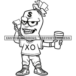 Money Bag Character Holding Cup Money Stack Sneakers Cash Dollar Sign Hustler Hustling Grind Evil Smile SVG PNG JPG Vector Designs Cut Files
