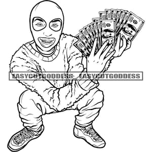 May include: A black and white illustration of a person wearing a black ski mask and holding a stack of cash. The person is squatting with their legs bent and their arms outstretched. The person is wearing a sweater with a textured pattern.