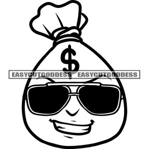 Money Bag Man Cartoon Character Sunglasses Dollar Sign Hustle Cash Bank Grind Hustler Sarcastic Smile SVG PNG JPG Vector Designs Cut Files