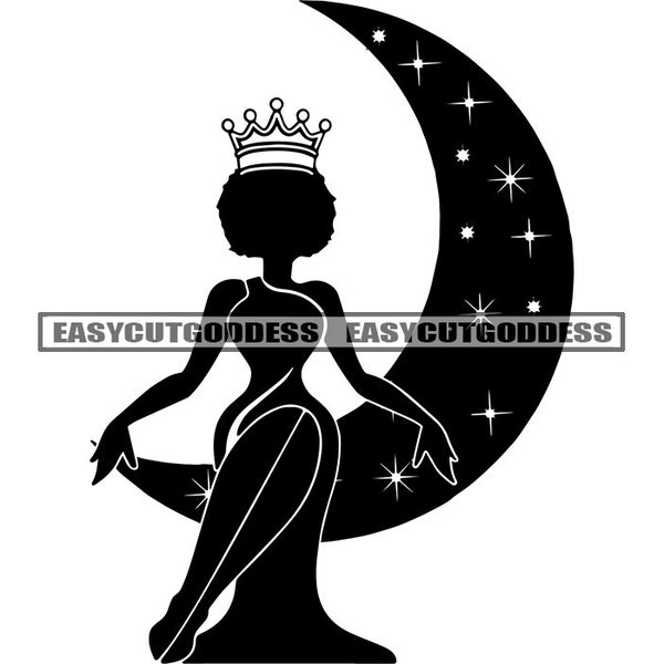 Queen Melanin Afro Woman Sitting Moon Silhouette Royalty Crown Lady African American Cartoon Character SVG PNG JPG Vector Design Cut Files