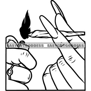 May include: Black and white line art illustration of a hand holding a lit joint and another hand holding a lighter.