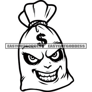Money Bag Head Man Cartoon Character Sarcastic Smile Dollar Sign Bank Cash Grind Hustler Rap Hip Hop SVG PNG JPG Vector Designs Cut Files