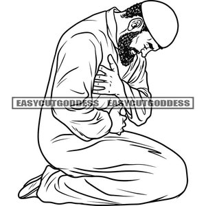 May include: A black and white line drawing of a person kneeling in prayer with their head bowed and hands clasped together.