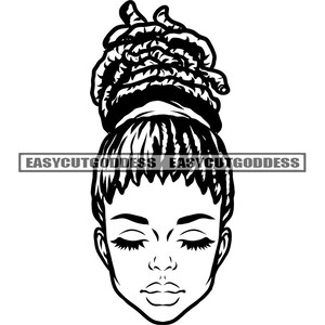 Melanine Vrouw Gesloten Locs Dreads Dreadlocks Haar Knot Gesloten Ogen Vrouwelijk Portret Zwart Meisje Magic SVG PNG JPG Vector Ontwerpen Gesneden Bestanden