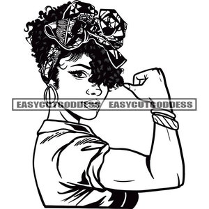 Woman Flexing Yes We Can Hairband Strong Retro Vintage African American Lady Mix Ethnicity Womanly SVG PNG JPG Vector Designs Cut Files
