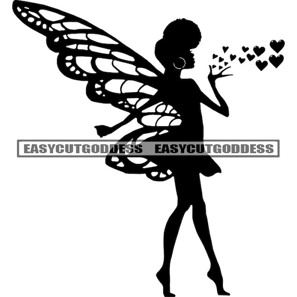 Fairy Afro Angel Woman Butterfly Wings Fantasy Black Girl Magic Silhouette Body Blowing Kisses Magical SVG PNG JPG Vector Designs Cut Files