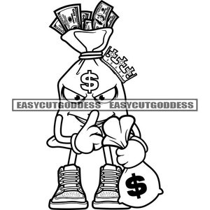 Rei Saco de Dinheiro Homem Personagem de desenho animado segurando saco cheio de dinheiro Grind Hustler Street Dope Boy SVG PNG JPG Desenhos vetoriais Arquivos de corte por sublimação