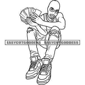 Gangster Ghetto Man Ski Mask Burglar Holding Money Spread Bragging Cash Bank Ripped Jeans Street Boy SVG PNG JPG Vector Design Cut Files