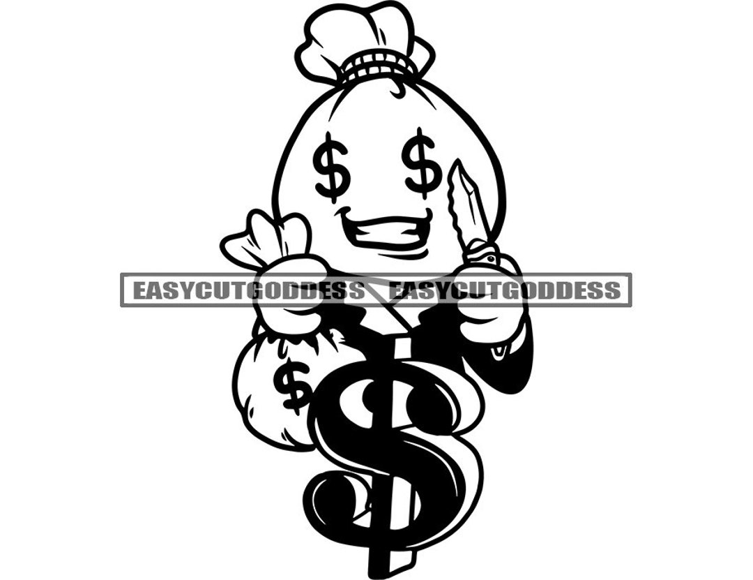 Gangster Money Bag Head Man Character Holding Knife Bag With Cash