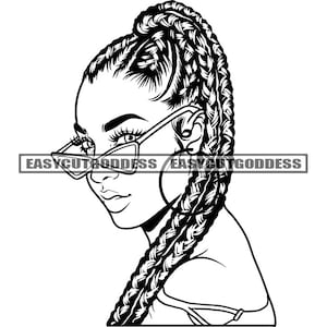 May include: Black and white line art illustration of a woman with long braided hair, wearing sunglasses and a hoop earring.