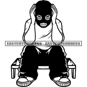 Gangster Man Sitting Bench Wearing Ski Mask Cap Balaclava Burglar Robbery Ghetto Street Dope Boy SVG PNG JPG Vector Designs Cutting Files