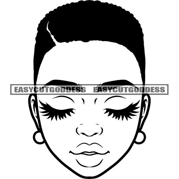 Afro Melanin Woman Short Hairstyle Long Eyelashes Closed-up Portrait Black Girl Magic African American SVG PNG JPG Vector Designs Cut Files