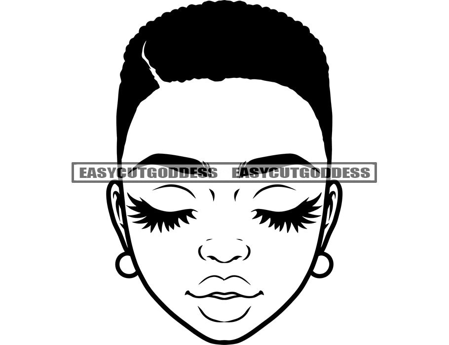 Afro Melanin Woman Short Hairstyle Long Eyelashes Closed-up Portrait Black Girl Magic African American SVG PNG JPG Vector Designs Cut Files