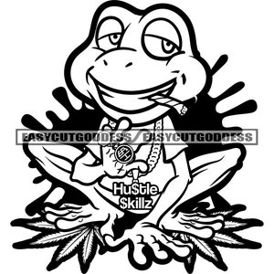 High Frog Cartoon Zeichen Rauchen Blunt Gold Kette Berauscht Alkohol Spritzer Blätter Kräuter SVG PNG JPG Vektor Designs Cut Files