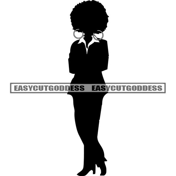 Afro Woman Wearing Classy Suit Office Outfit Boss Lady Manager Woman Silhouette Body Elegance Elegant SVG PNG JPG Vector Design Cut Files