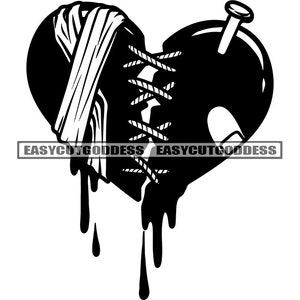 May include: A black and white graphic of a heart with a bandage, lacing, and a nail. The heart has a dripping effect at the bottom. The text "EASYCUTGODDESS" is at the bottom.