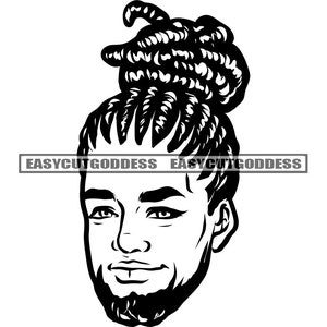 Melanin Latino Man Face Portrait African American Ethnic Dreads Locs Hair Bun Male Beard Barber Logo SVG PNG JPG Vector Designs Cut Files