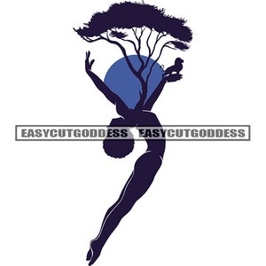 Silhouette African Woman Naked Body Nature Africa Continent Wild Tree Dancer Lion Animal Safari SVG PNG JPG Vector Designs Cutting Files