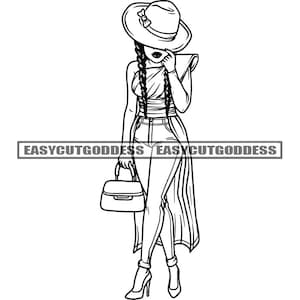 Fashion Woman Melanin Classy Hat Glamour Outfit Zöpfe Haar elegant stylische Kleidung Modern Posing Trend SVG PNG JPG Vektor Design Cut Files