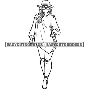 Beautiful Caucasian Woman Wearing Winter Clothes Sunglasses Ripped Jeans Classy Hat Glamour Fashion SVG PNG JPG Vector Design Cutting Files