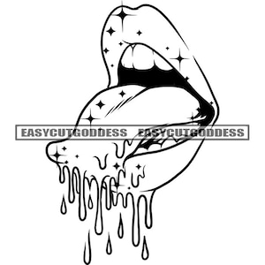 Woman Lips Dripping Mouth Open White Teeth Tongue Sparkles Closeup Glossy Juicy Lips Lipstick Detailed SVG PNG JPG Vector Designs Cut Files