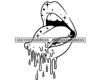 Woman Lips Dripping Mouth Open White Teeth Tongue Sparkles Closeup Glossy Juicy Lips Lipstick Detailed SVG PNG JPG Vector Designs Cut Files
