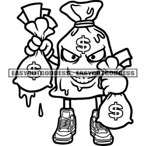 Money Bag Uomo Cartoon Personaggio Money Bags Dripping Cash Dollar Sign Hustler Grind Evil Smile Sneakers SVG PNG JPG Vector Designs Cut Files