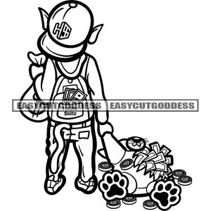 Gangster Cat Feline Cartoon Character Backpack Ripped Teddy Bear Cash Coins Hustler Hustle Grinding SVG PNG JPG Vector Design Cut Files