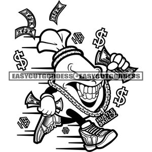 Money Bag Cartoon Character Running Money Stacks Dollar Hustle Dinero Cash Bank Grind Hustler Husting SVG PNG JPG Vector Designs Cut Files