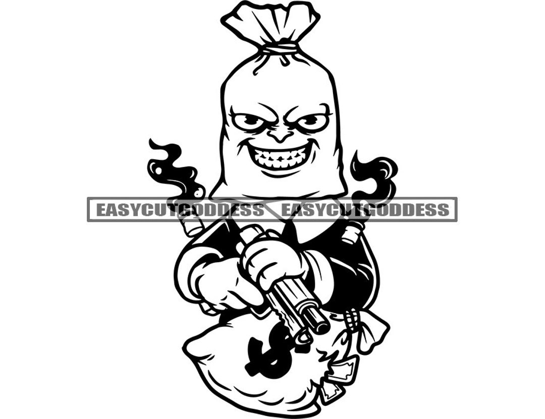 Gangster Money Bag Head Man Cartoon Character Holding Handgun Weapon