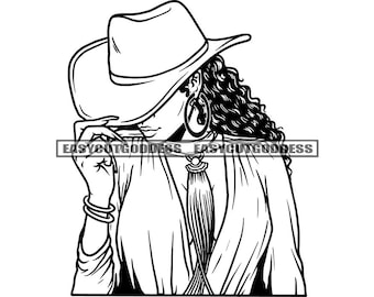 May include: Black and white line art illustration of a woman wearing a wide-brimmed hat and a long-sleeved shirt with a tassel. The woman is looking down and her hair is long and curly.