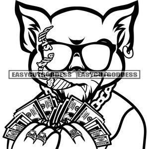 Gángster Gato Personaje de dibujos animados Dinero Spread Fumar Gafas de cigarro Banco Efectivo Hustler Hustle Skills Grind SVG PNG JPG Vector Diseño Cortar Archivos