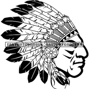 May include: Black and white illustration of a Native American man wearing a headdress with feathers. The man is looking to the right and has a serious expression on his face.